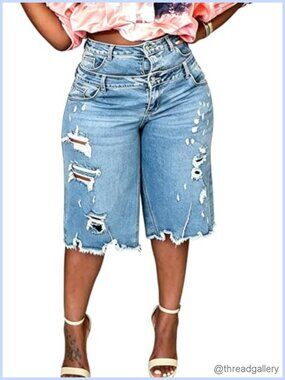Women Ripped Bermuda Denim Shorts Wide Leg Distressed Cargo Jorts